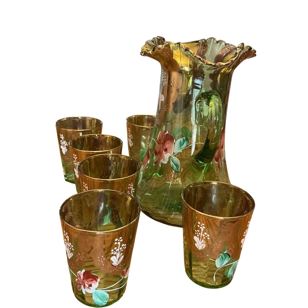 Vintage Bohemian Green Glass Pitcher & 6 Glasses Hand Painted Floral Gold Set - Picture 3 of 16